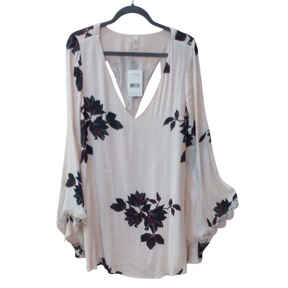 Free People Dresses & Skirts - NWT Free People Floral Tunic Mini Dress M Boho Bell Sleeve Lace Trim V Neck